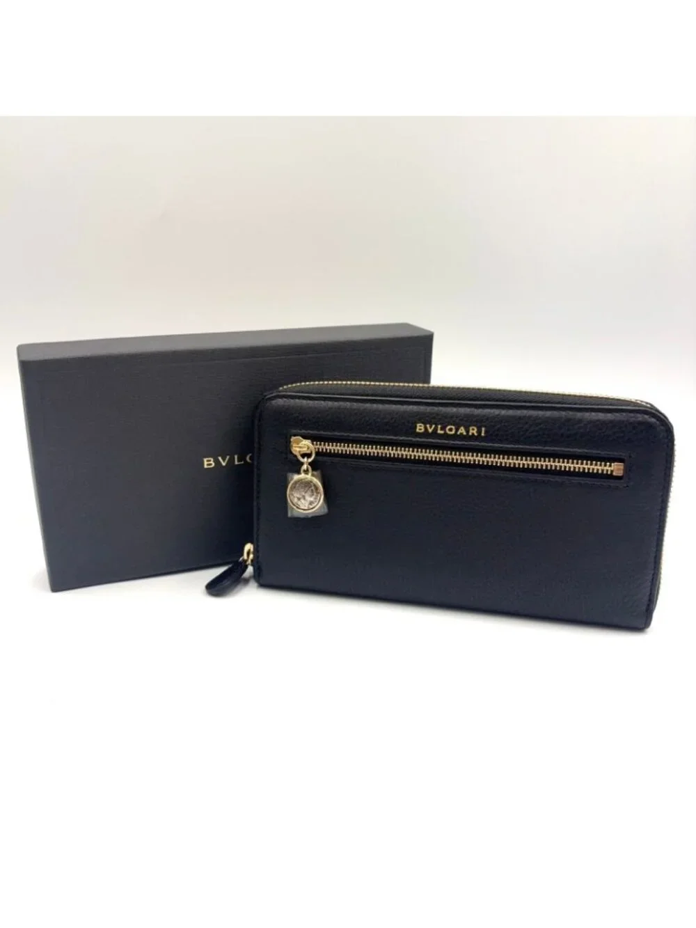 Bvlgari Monete Zip Around Leather Black Wallet Gold